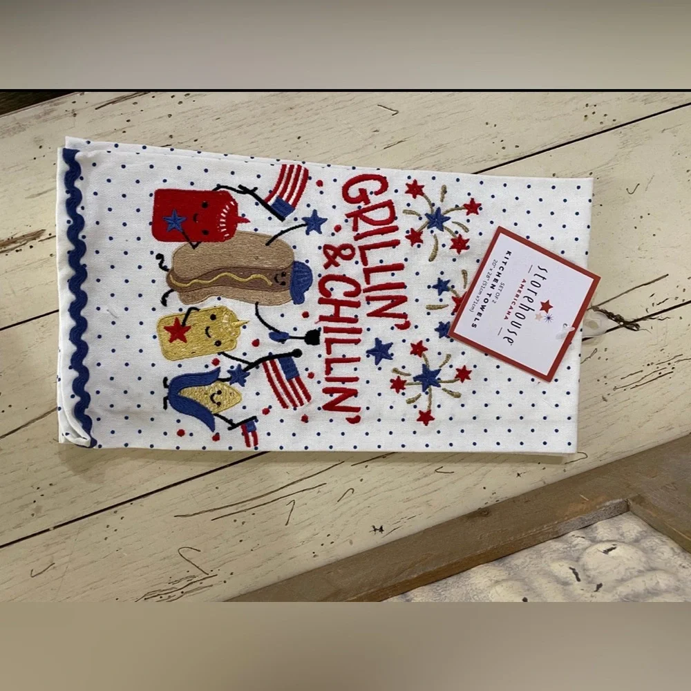 Storehouse Americana Kitchen Towel Set -Embroidered Grillin and Chillin LAST SET